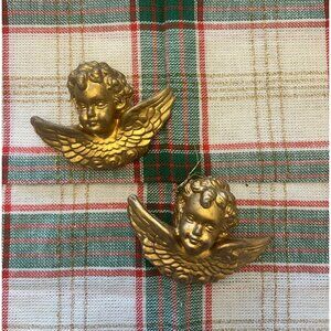 Vintage Gold Cherub Angel Blow Mold Christmas Tree Ornaments Set of 2